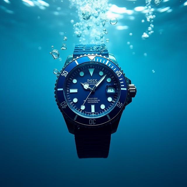 Blue dial dive watch submerged in water