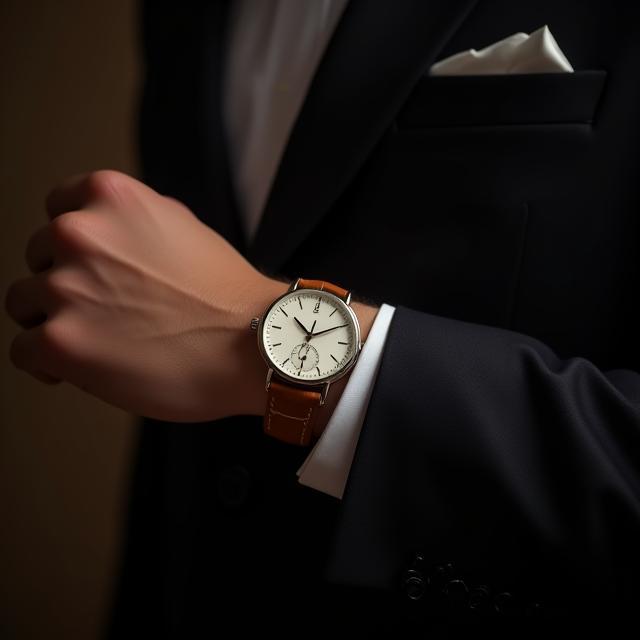 Slim dress watch on leather strap against suit sleeve