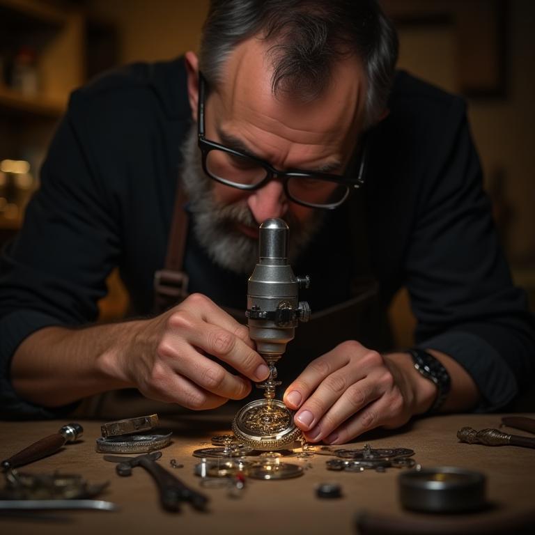 Watchmaker assembling mechanical movement under loupe