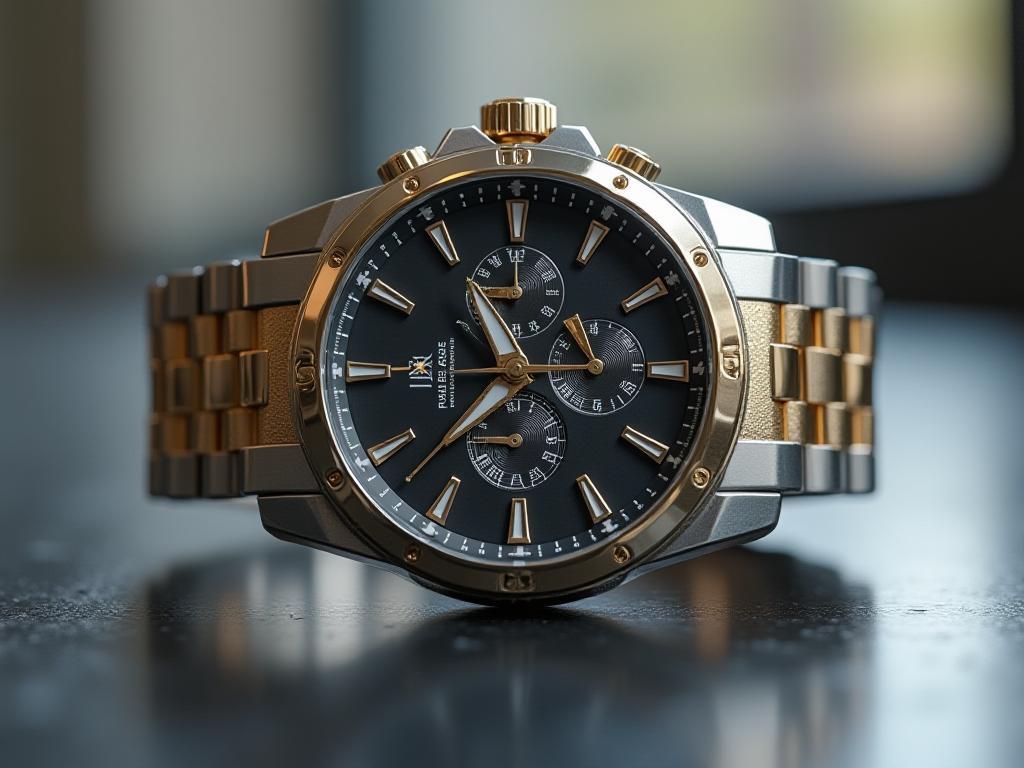 Close-up of stainless steel men’s watch with gold accents