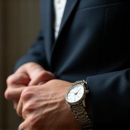 Portrait of Victor adjusting dress watch